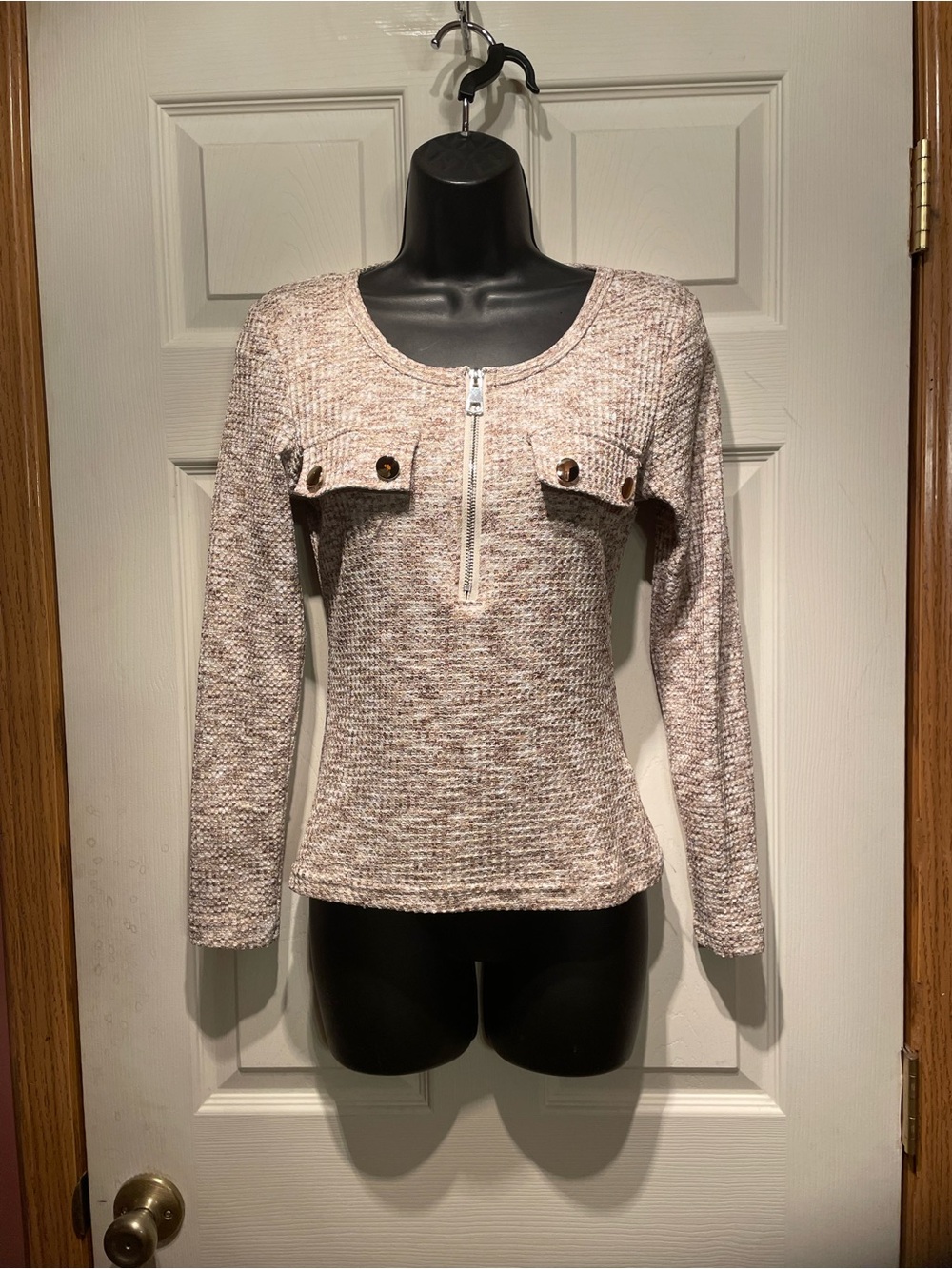 Chunky Knit Zip Front Sweater in Blush Neutral